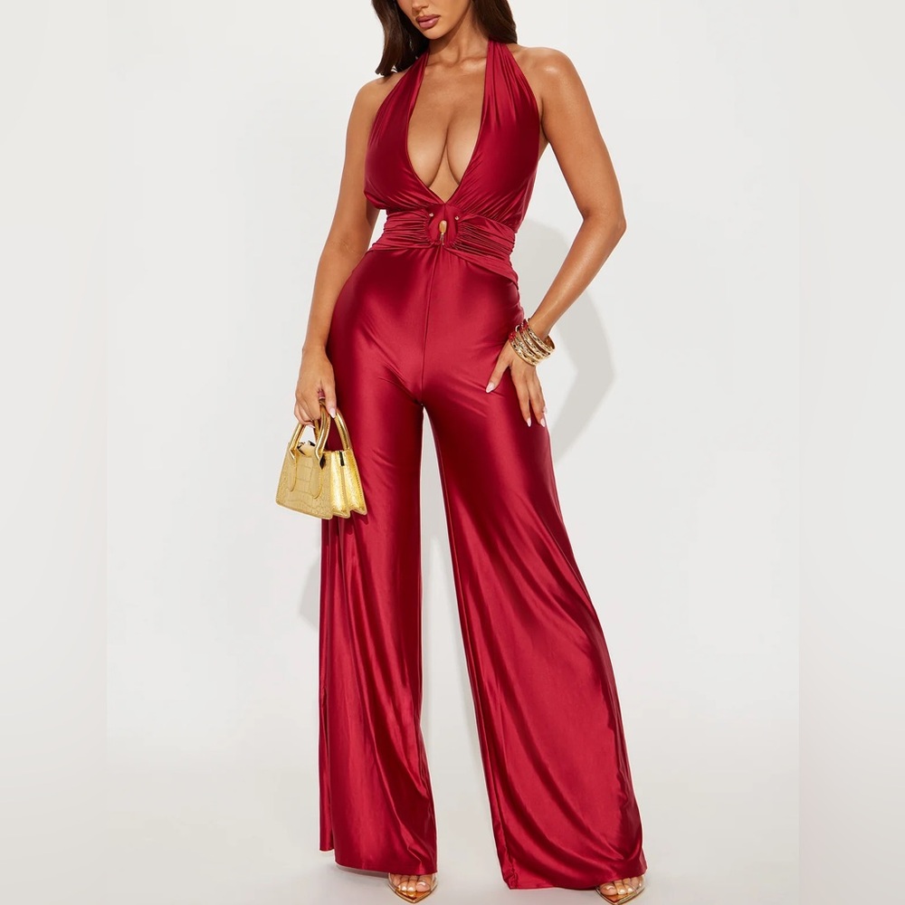 Dark Red Halter Jumpsuit
